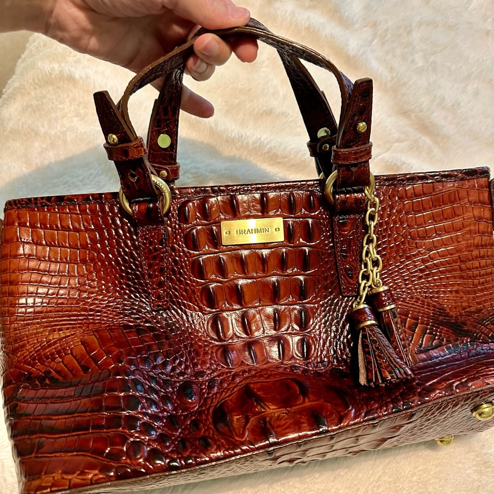 Brahmin Mini Asher Satchel Crossbody Pecan Melbourne Croc Print Embossed Leather
